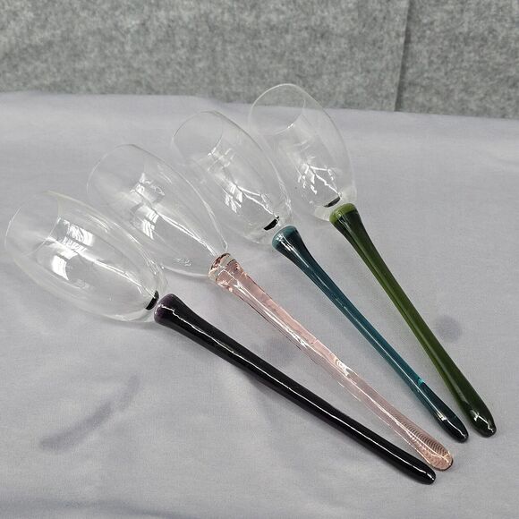 Hand Blown Glass Multicolor Champagne Flutes‎ Footless 11" Multicolor Stems 4 pc - Picture 1 of 7